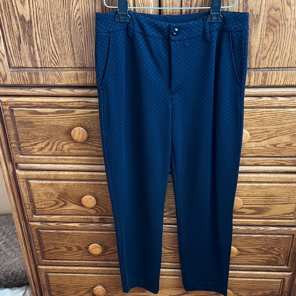 Women’s Navy Blue Polka Dot Pants, cropped.